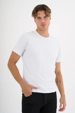 Erkek Beyaz %100 Pamuklu Standart Kalıp Likralı  Basic T-Shirt  