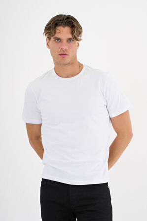 Erkek Beyaz %100 Pamuklu Standart Kalıp Likralı  Basic T-Shirt  