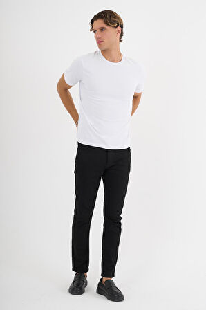 Erkek Beyaz %100 Pamuklu Standart Kalıp Likralı  Basic T-Shirt  