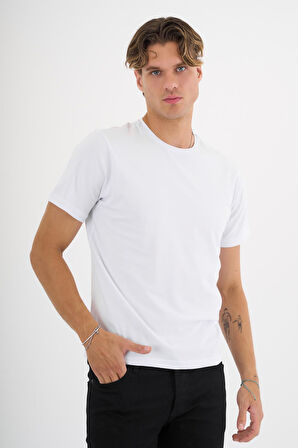 Erkek Beyaz %100 Pamuklu Standart Kalıp Likralı  Basic T-Shirt  