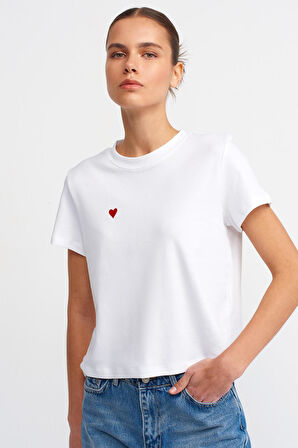 Dilvin Bisiklet Yaka Pamuklu T-shirt Beyaz