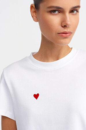 Dilvin Bisiklet Yaka Pamuklu T-shirt Beyaz