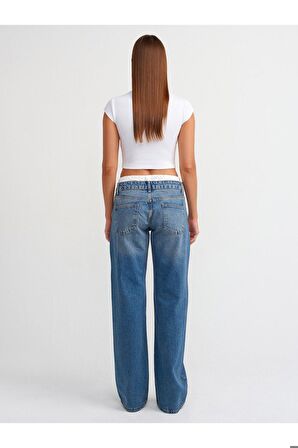 Dilvin Saten Boxer Detaylı Bol Paça Denim Kot Pantolon - Mavi - 71494