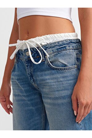 Dilvin Saten Boxer Detaylı Bol Paça Denim Kot Pantolon - Mavi - 71494