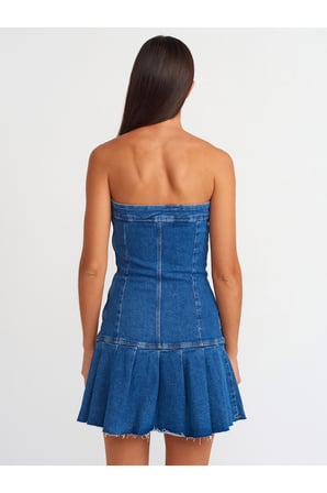 90542 Pileli Straplez Denim Elbise-Mavi