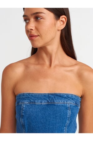 90542 Pileli Straplez Denim Elbise-Mavi
