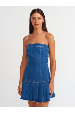 90542 Pileli Straplez Denim Elbise-Mavi