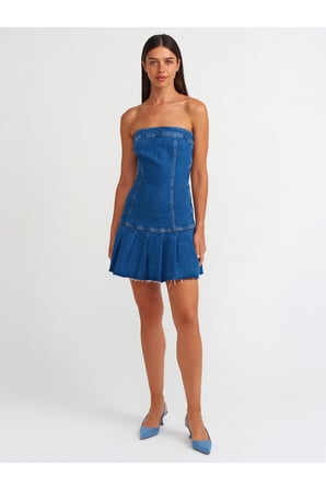 90542 Pileli Straplez Denim Elbise-Mavi