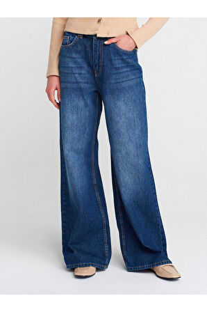Dilvin Kadın Dökümlü Kumaş Geniş Lacivert Denim Pantolon - 71784