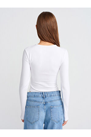Dilvin Kadın Uzun Kollu Çıtçıt Düğmeli Top Beyaz T-shirt-31442