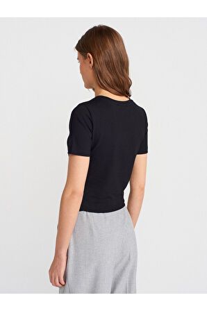 Dilvin Kadın Bisiklet Yaka Siyah Crop Top - 31655