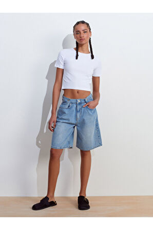 Dilvin Kadın Bisiklet Yaka Beyaz Crop Top T-shirt - 31655