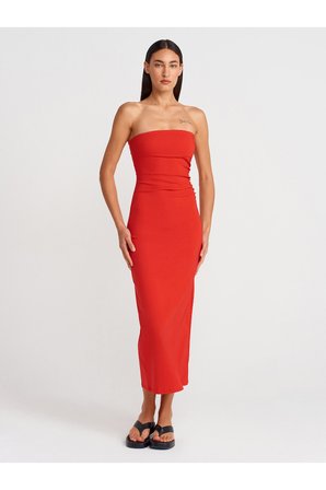 91368 Straplez Midi Elbise