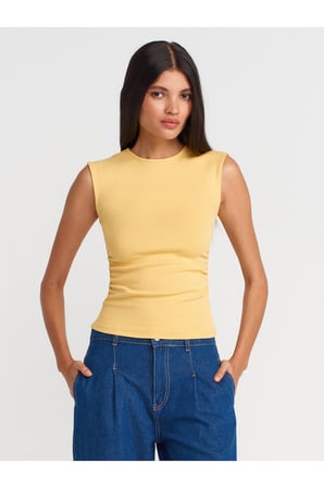 21054 Büzgülü Basic T-Shirt-Sarı