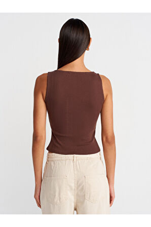 Dilvin Kadın Düğmeli Kare Yaka Crop Top Bluz T-shirt -Açık Kahve Bluz - 21069