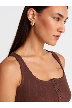 Dilvin Kadın Düğmeli Kare Yaka Crop Top Bluz T-shirt -Açık Kahve Bluz - 21069