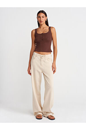 Dilvin Kadın Düğmeli Kare Yaka Crop Top Bluz T-shirt -Açık Kahve Bluz - 21069