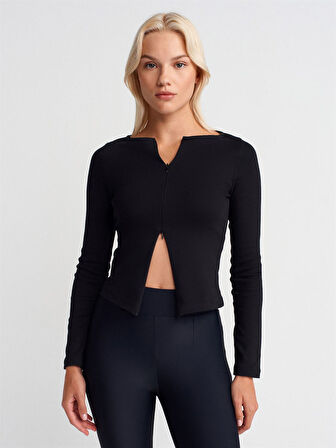 31993 DİLVİN FERMUAR DETAYLI UZUN KOLLU TOP