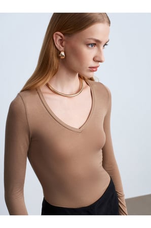 32310 V Yaka Kaşmir Karışımlı Modal Bluz