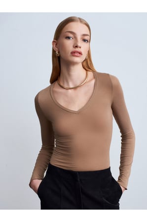 32310 V Yaka Kaşmir Karışımlı Modal Bluz