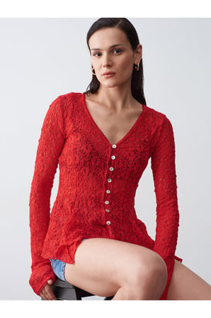 60433 Düğmeli Peplum Dantel Hırka