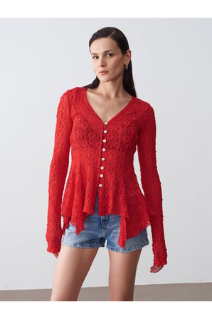 60433 Düğmeli Peplum Dantel Hırka