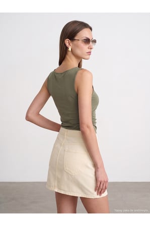 31589 Büzgülü Kayık Yaka Top-Haki