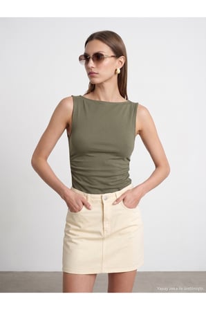 31589 Büzgülü Kayık Yaka Top-Haki