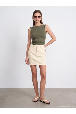 31589 Büzgülü Kayık Yaka Top-Haki