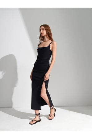 91712 Kare Yaka Büzgülü Midi Elbise