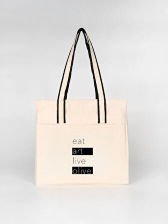 Eat Art Live Olive - Siyah Çizgili Kulplu Ön Cepli Lux Kanvas Çanta