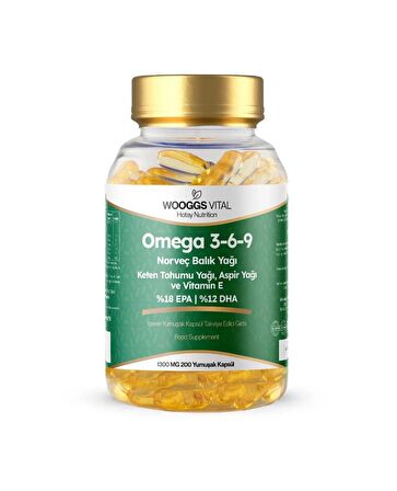 WOOGGS VİTAL OMEGA 3-6-9 NORVEÇ BALIK YAĞI , KETEN TOHUMU YAĞI , ASPİR YAĞI VE VİTAMİN E  1300 MG 200 KAPSUL
