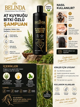 Belinda At Kuyruğu Bitki Özlü Şampuan 1000 ml – Tuzsuz, SLS/SLES İçermeyen, Amino Asit ve Bitkisel İçerikli – Tüm Saç Tipleri İçin (yedek basma kapak hediyeli)