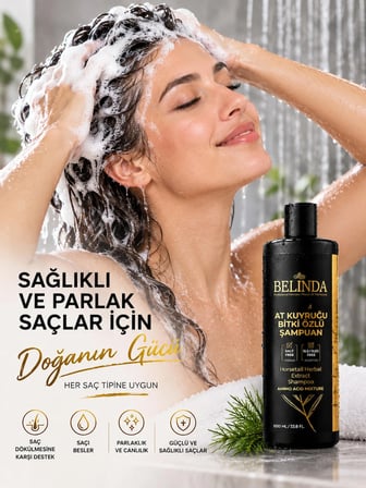 Belinda At Kuyruğu Bitki Özlü Şampuan 1000 ml – Tuzsuz, SLS/SLES İçermeyen, Amino Asit ve Bitkisel İçerikli – Tüm Saç Tipleri İçin (yedek basma kapak hediyeli)