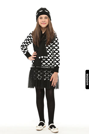 Atkı,Şapka Ve Dizüstü Çoraplı Kalp Desenli Kız Çocuk Triko Elbise 3-7 Yaş 807