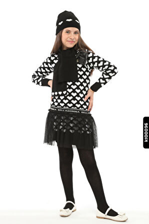 Atkı,Şapka Ve Dizüstü Çoraplı Kalp Desenli Kız Çocuk Triko Elbise 3-7 Yaş 807