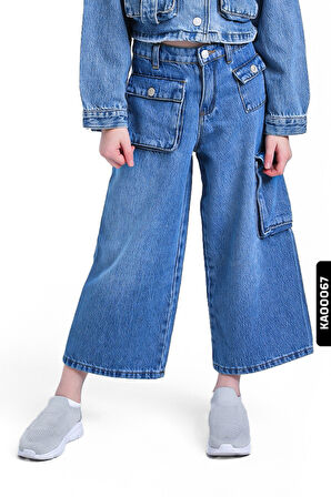 Geniş Paçalı Kargo Cepli Yüksek Belli Kız Çocuk Pantolon 5-14 Yaş 2452