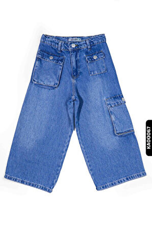Geniş Paçalı Kargo Cepli Yüksek Belli Kız Çocuk Pantolon 5-14 Yaş 2452