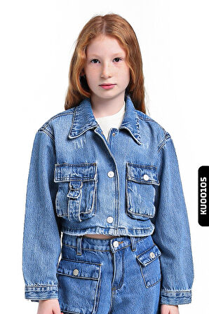 Ceket Yakalı Fleto Cepli Çıt Çıt Kaplamalı Kız Çocuk Gömlek 5-14 Yaş 24205