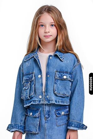 Ceket Yakalı Fleto Cepli Çıt Çıt Kaplamalı Kız Çocuk Gömlek 5-14 Yaş 24205