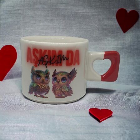 Kişiselleştirilebilir Neon Aşkım da Aşkım Havalı Baykuşlar Baskılı Kalp Kupa Bardak / Mug - Çay & Kahve Fincanı