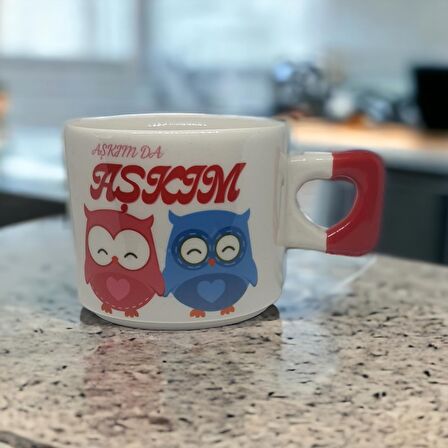 Kişiselleştirilebilir Aşkım da Aşkım Mutlu Baykuşlar Baskıl Kalp Kupa Bardak / Mug - Çay & Kahve Fincanı