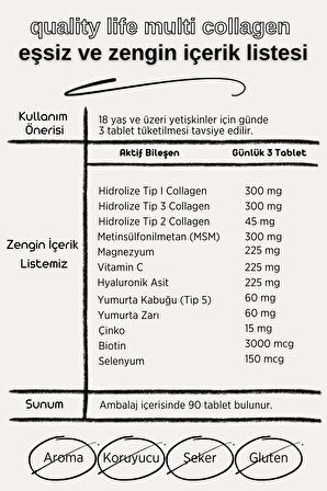 Multi Collagen 90 Tablet - Tip 1-2-3-5-10 Kolajen MSM Magnezyum C Vitamini Yumurta Kabuğu Zarı Çinko