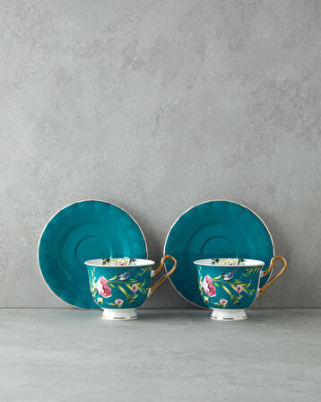 English Home Vanilla New Bone China 4 Parça 2 Kişilik Çay Fincanı Takımı Turkuaz