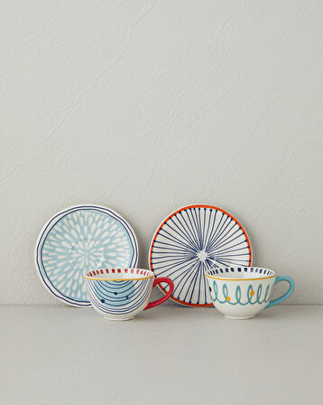 English Home Arzu Sabancı Mix Stoneware Kahve Fincan Takımı 4 Parça 2 Kişilik Mavi-Terracotta