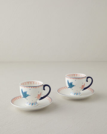 English Home Carnaval Birds New Bone China Kahve Fincan Takımı 4 Parça 2 Kişilik Mavi