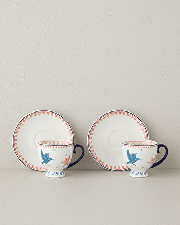 English Home Carnaval Birds New Bone China Kahve Fincan Takımı 4 Parça 2 Kişilik Mavi