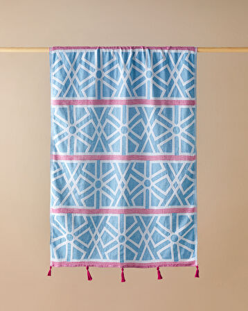 Zigzag Pamuklu Püsküllü Peştamal 90x150 cm Mavi-Fuşya