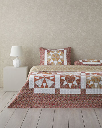 English Home Vintage Lace Patchwork Çok Amaçlı King Size Yatak Örtüsü Takımı Terracotta