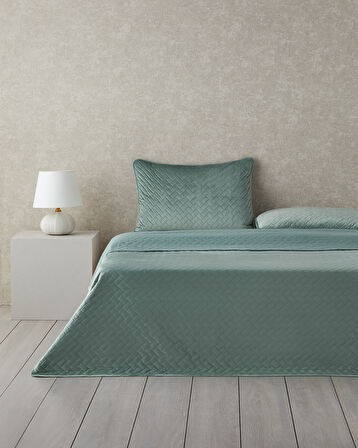 English Home Wicker Kadife Çift Kişilik Yatak Örtüsü Takımı Yeşil